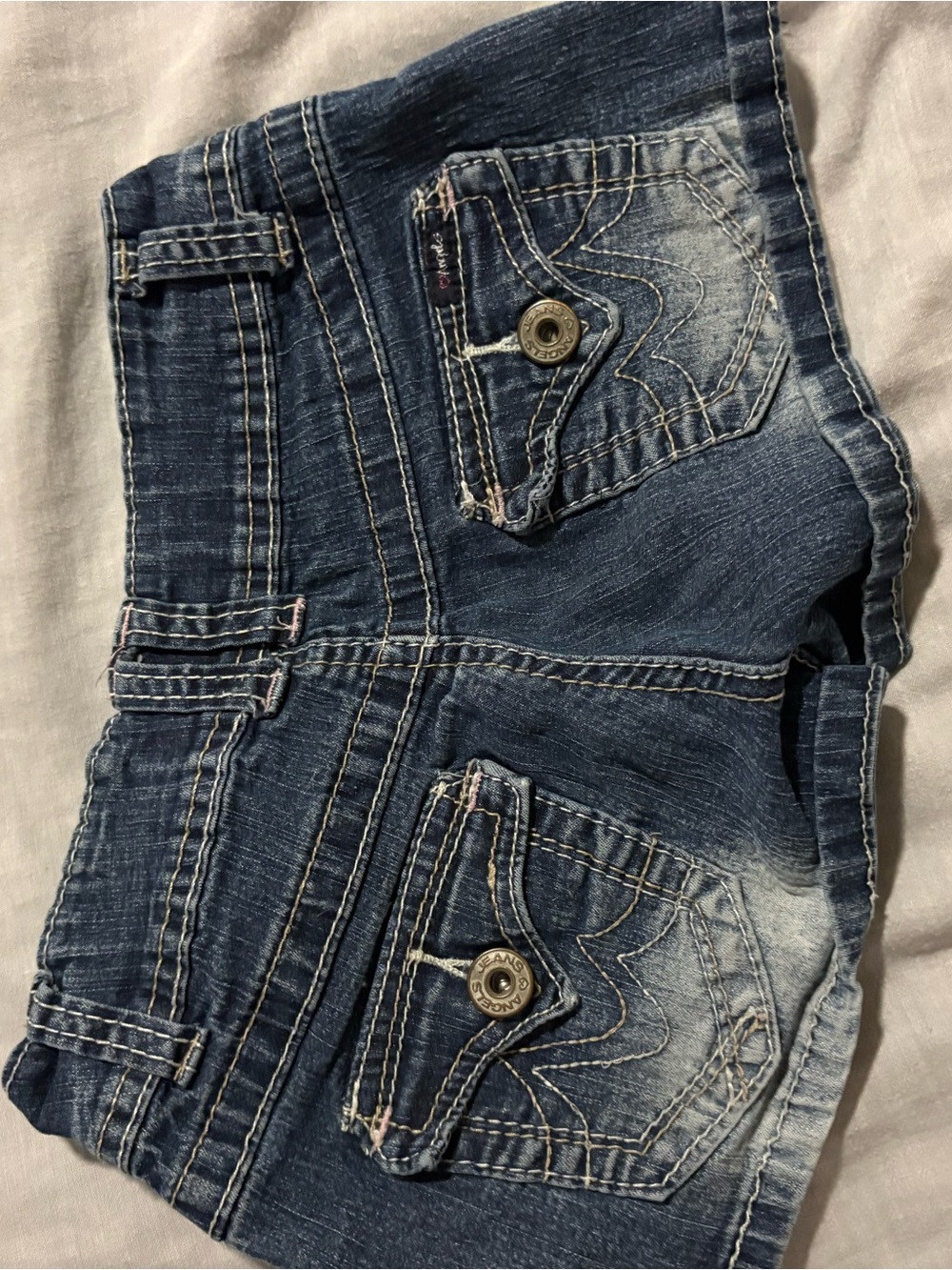 Angels Denim Jean Shorts in Dark Blue with Pink Logo - Picture 2 of 3